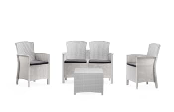 Set salotto da esterno Urano, Set da giardino con cuscini, Salottino indoor  e outdoor effetto rattan, 100% Made in Italy, Bianco