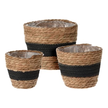 Lote de 3 cestas de paja para plantas con interior plastificado