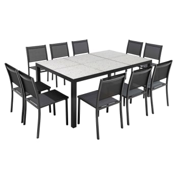Tivoli - Ensemble table de jardin en céramique effet terrazzo et 10 assises