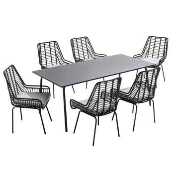 Palavas - Ensemble table de jardin et 6 chaises en résine tressée et acier