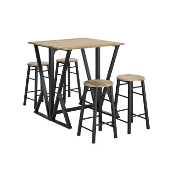 Set de mesa alta de bar y 4 taburetes metal color natural
