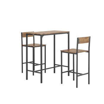 Ensemble de table et 2 chaises de bar effet bois et métal noir