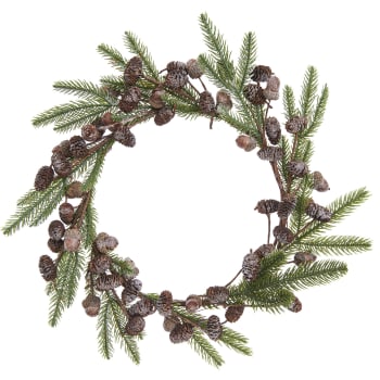 Corona artificial rama de pino, bellotas y piñas escarchadas ø 45 cm