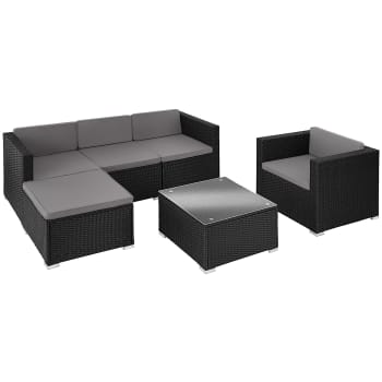 Set salotto da esterno Foggia, Composizione da giardino con 2 poltrone ed 1 tavolino, Salottino effetto rattan con cuscini, 100% Made in Italy, Bianco