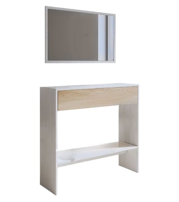 DARCY - Recibidor con espejo, gran cajón y estante inferior en blanco y roble