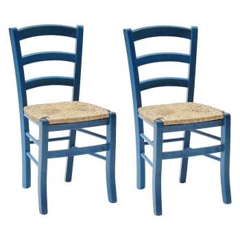 CENISIA - Set di 2 sedie in legno blu impagliate