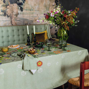 Bouquet du soleil sauge - Chemin de table lavé métis lin & coton vert 50X155