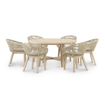 RIVIERA & SICILIA - Ensemble de jardin table ronde 150 et 6 chaises corde beige