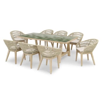 SICILIA & JAVA LIGHT - Ensemble de table en bois et céramique verte et 8 chaises en corde