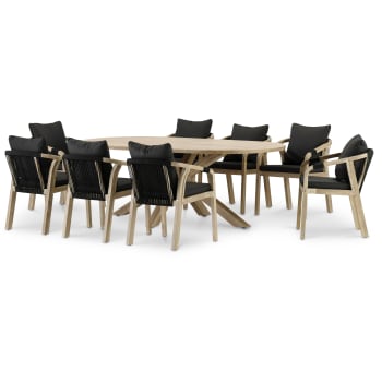 RIVIERA & ZANZIBAR - Table ovale de jardin 220x115 et 8 chaises en corde noire