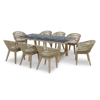 SICILIA & JAVA LIGHT - Set di tavolo in legno e ceramica blu e 8 sedie in corda