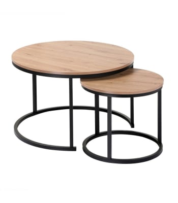 Lenny - Lot de 2 tables basses gigognes rondes effet bois - L70 x H45,5 cm