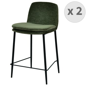 Nolan - Chaise de bar tissu chenillé Sauge et métal noir mat (x2)
