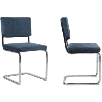 Dulce - Lot de 2 chaises en velours côtelé bleu et métal chromé