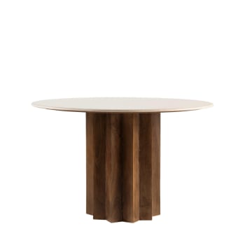 Sorong - Table à manger ronde en marbre et bois massif D120cm blanc ivoire