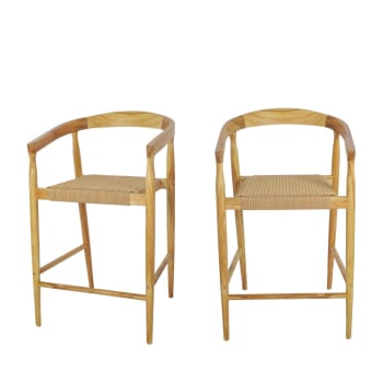 Buri - Lot de 2 fauteuils de bar en teck et corde tressé H65cm bois clair