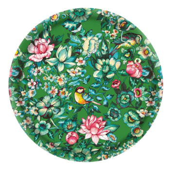 Nila - Rundes Tablett 46cm Holzblätter Floraler Druck Grün