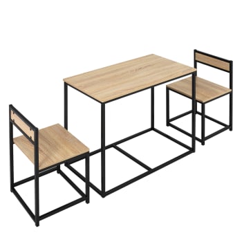 Ensemble table 2 chaises style industriel métal noir aspect bois clair