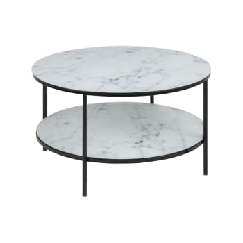 Alysé - Table basse ronde effet marbre en verre et métal 2 niveaux noir