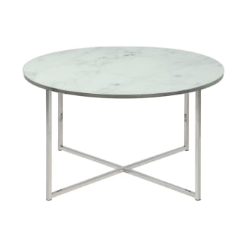 Alysé  - Table basse ronde effet marbre en verre et métal blanc