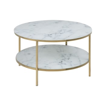 Alysé - Table basse ronde effet marbre en verre et métal 2 niveaux or