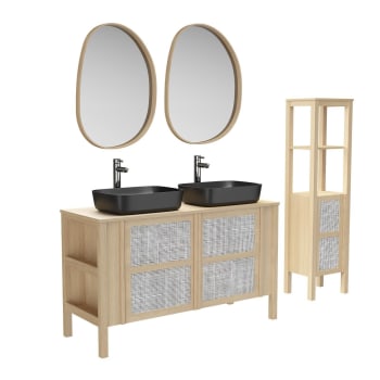 Nesto - Meuble double vasque 130cm chêne  cannage +vasque+robinet+miroir+co