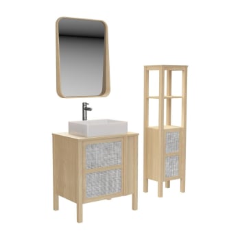 Nesto - Meuble simple vasque 70cm chêne  cannage+vasque+robinet+miroir+colonne