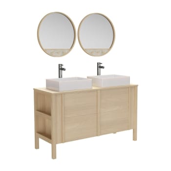 Nesto - Meuble double vasque 130cm chêne  + vasque + robinet + miroir