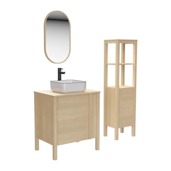Nesto - Meuble simple vasque 70cm chêne  + vasque + robinet + miroir + colonne