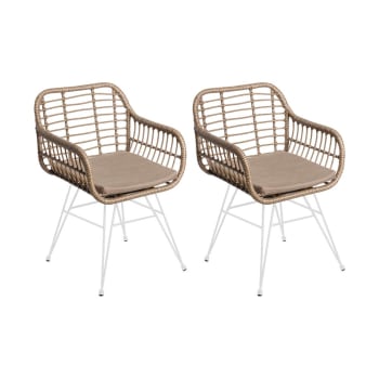 Set de 2 sillas de jardín con brazos Ariki de rattan y acero blancas