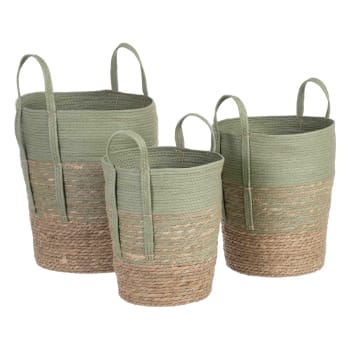 Set de 3 cestas de fibra natural trenzada verde y natural con asas