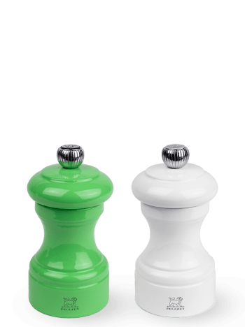 Bistro - Duo de moulins à poivre et sel manuels en bois laqué vert blanc 10 cm
