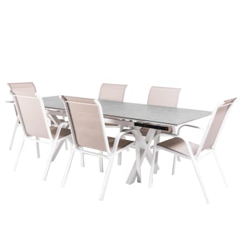 Conjunto mesa y sillas apilables para terraza mesa 150 a 250 cm blanco