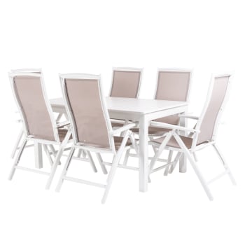 Conjunto de mesas y sillas de jardín extensible 152 a 210 cm blanco