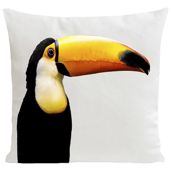Coussin tropical toucan suédine blanc 40x40cm