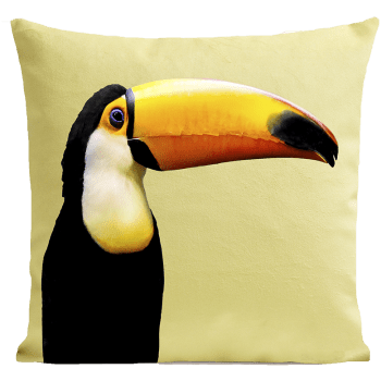 Coussin tropical toucan suédine jaune 40x40cm