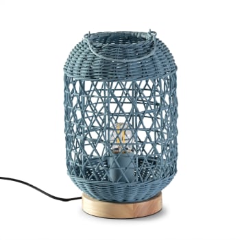 JIRO - Lampada da tavolo in rattan naturale blu, diametro 18 cm