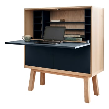 Bureau Secrétaire En Bois Massif Avec Abattant Et 3 Tiroirs – Marron
