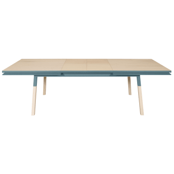 Egee - Table 220x120 cm en frêne massif, 2 rallonges bleu briac