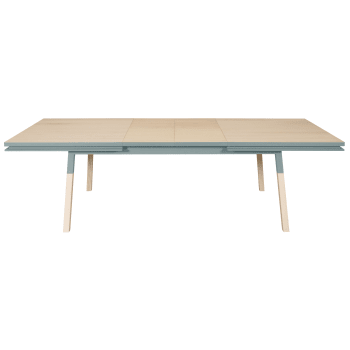 Egee - Table 180x100 cm en frêne massif, 2 rallonges bleu gris lehon