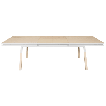 Egee - Table 220x120 cm en frêne massif, 2 rallonges blanc balisson