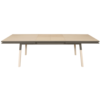 Egee - Table 220x120 cm en frêne massif, 2 rallonges gris chocolat tanis
