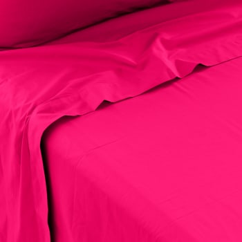 Neo - Drap de lit percale de coton uni brodé rose 270 x 300 cm