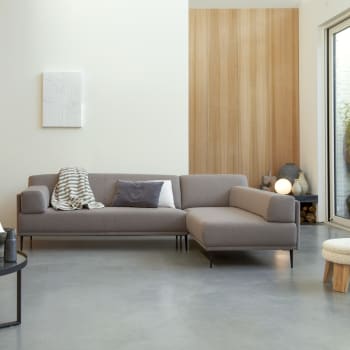 Finn - Sofá esquinero derecho de tela color gris topo 270 x 180 cm, 4 plazas