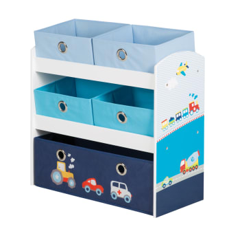 RENNFAHRER - Spielzeugregal für Kinder, 5 Stoffboxen, Weiß/Blau