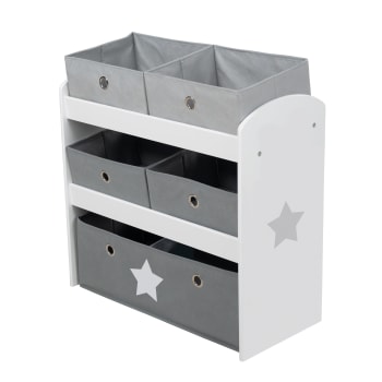 STARS - Spielzeugregal für Kinder, 5 Stoffboxen, Weiß/Grau