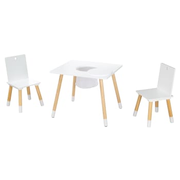 Table et 2 chaises enfant en bois blanc avec filet de rangement