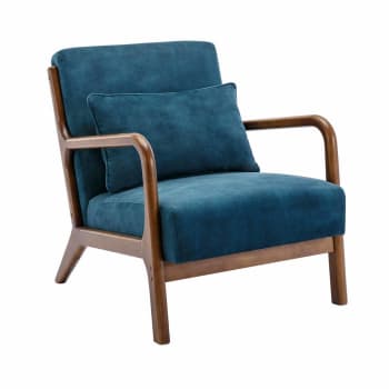 Lorens - Sillón escandinavo de terciopelo y madera de hevea, aceite azul