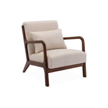 Lorens - Poltrona scandinava in tessuto beige e legno di hevea tinto noce beige