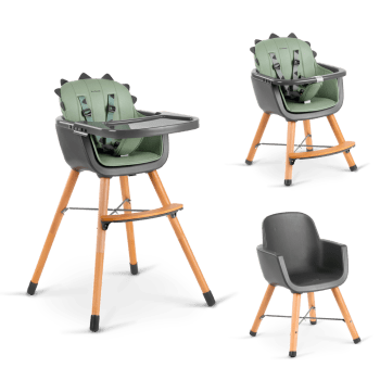 Seggiolone 4 in 1 trasformabile in sedia didattica, in legno, verde